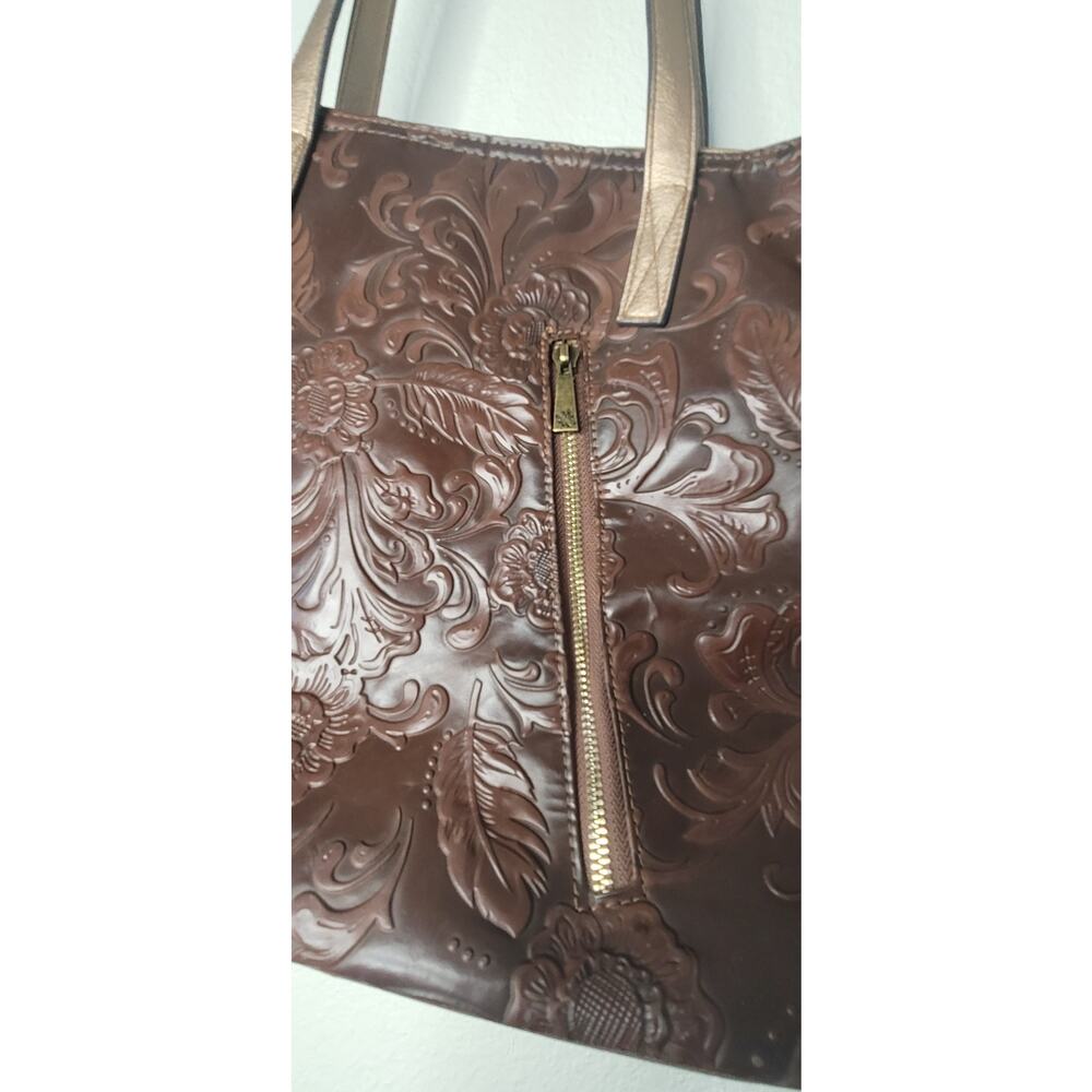 Brown Embossed Vegan Leather Carry Bag Metallic Bronze Base Leopard Print Tassel - Picture 6 of 11